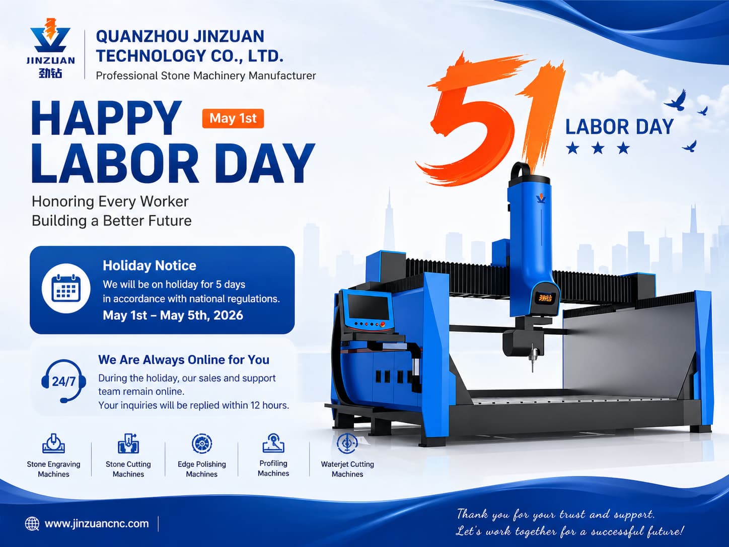 A Quanzhou Jinzuan Technology Co., Ltd. anuncia o calendário de feriados do Dia do Trabalho com suporte global contínuo.